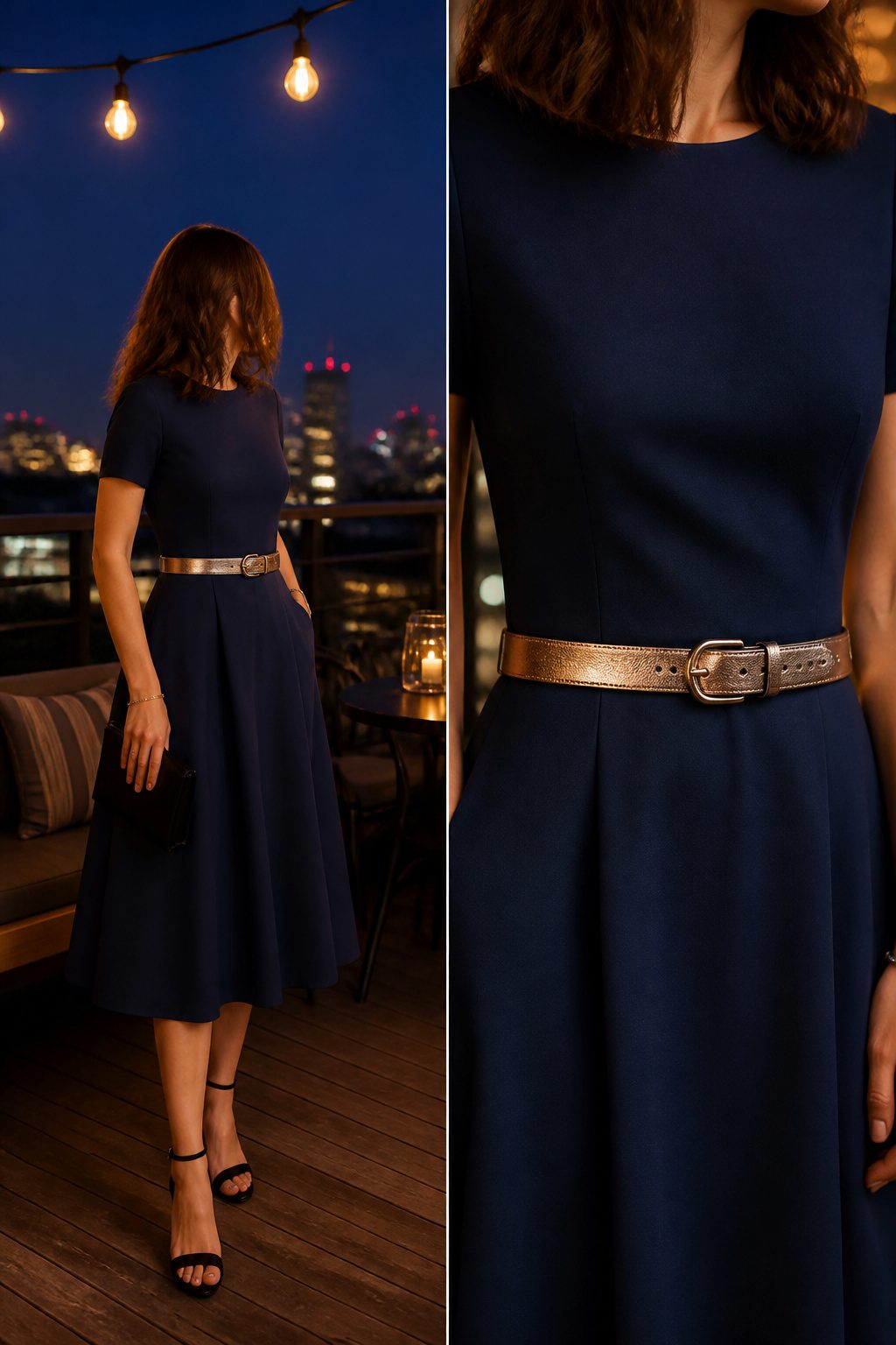 A Line Midi Dresses: 9 Ways Fit, Fabric and Details Work for You 8 A-line midi dress accessorized with a slim belt.