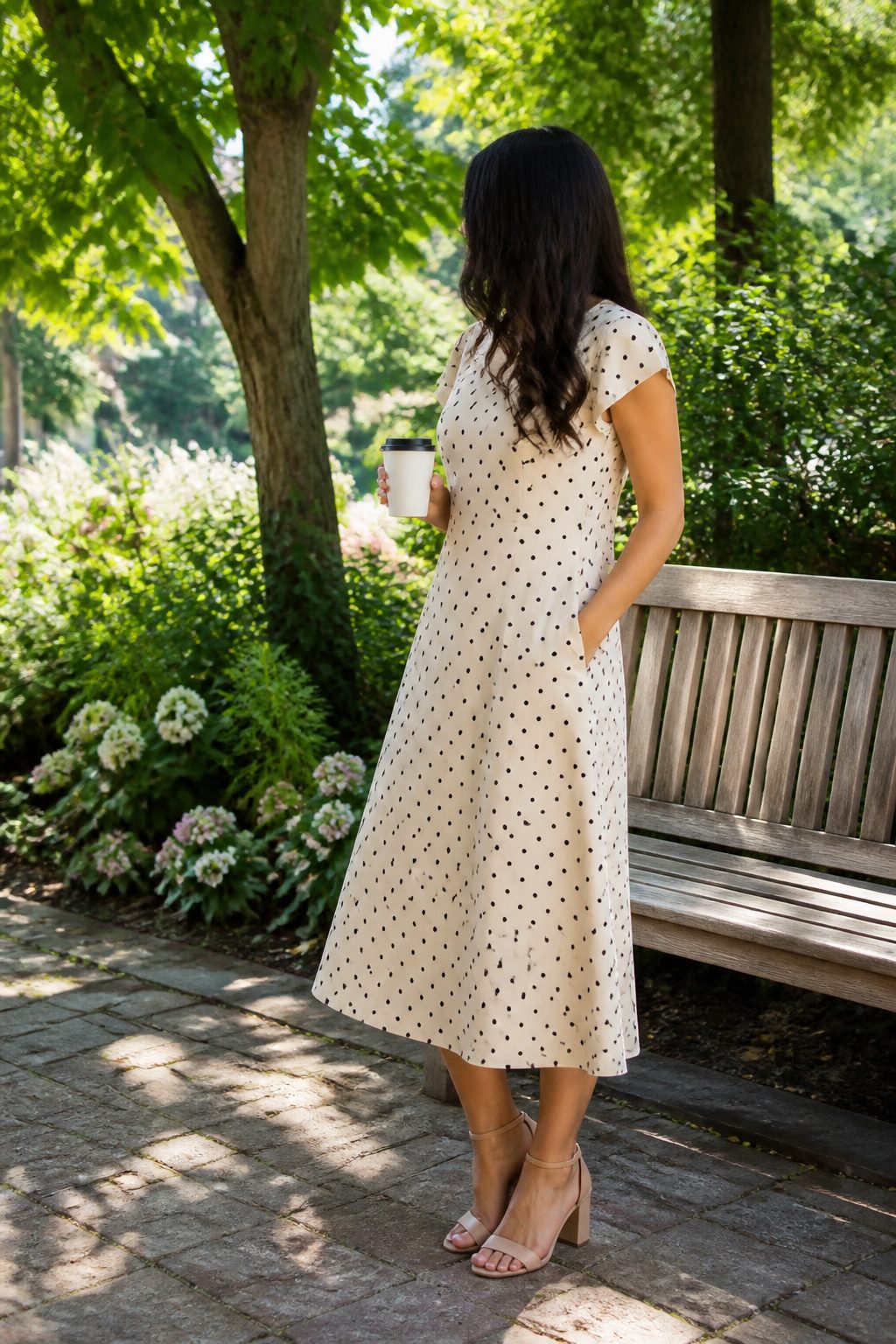 A Line Midi Dresses: 9 Ways Fit, Fabric and Details Work for You 6 Model in a polka-dot A-line midi dress with side pockets.