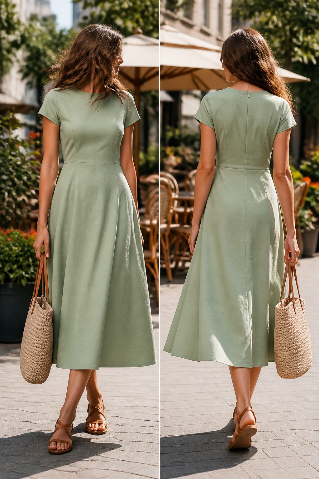 A Line Midi Dresses: 9 Ways Fit, Fabric and Details Work for You 1 A-line midi dress with a fitted waist and flared skirt.