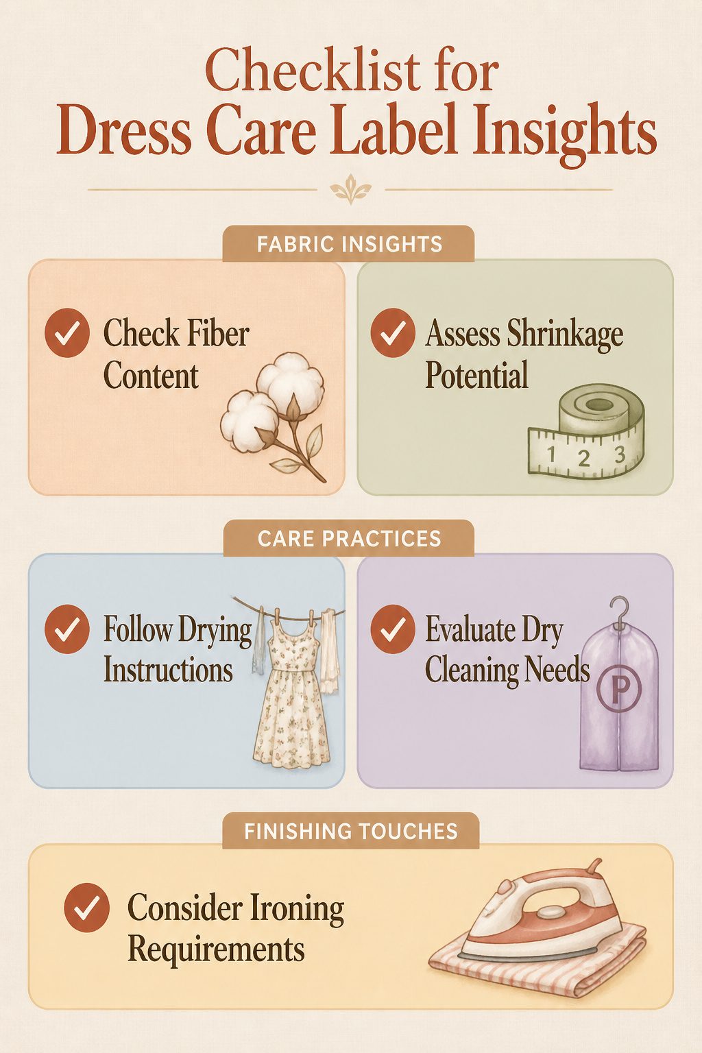 A Line Midi Dresses: 9 Ways Fit, Fabric and Details Work for You 11 Checklist detailing care label insights for dress longevity.