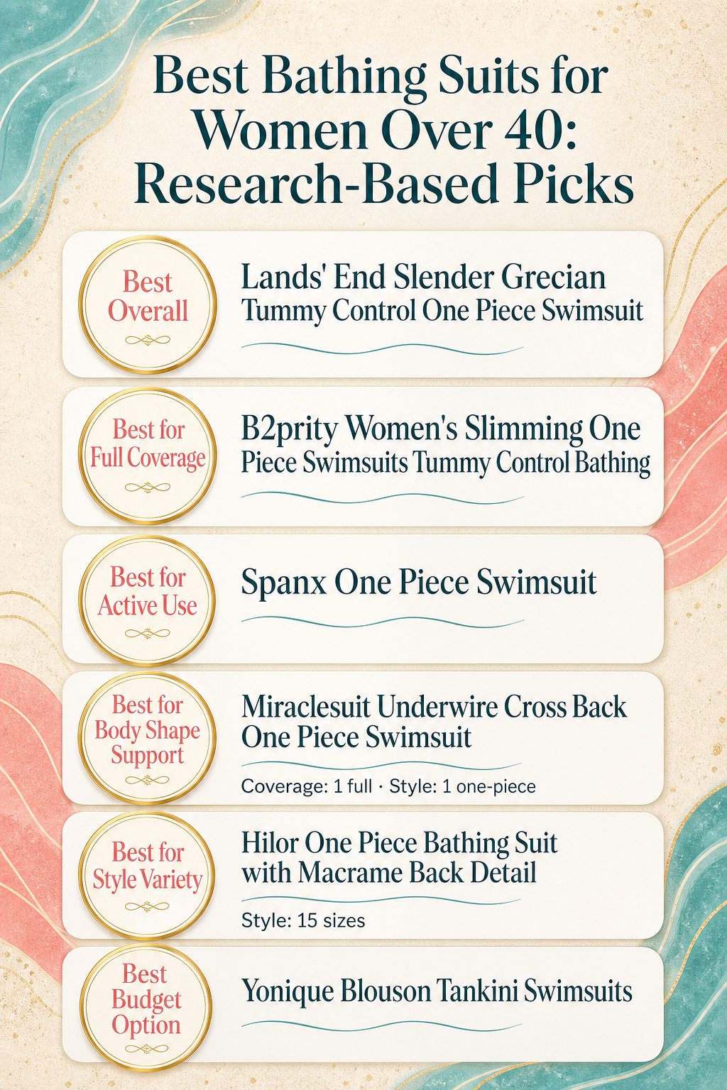An infographic comparing different bathing suits for women over 40.