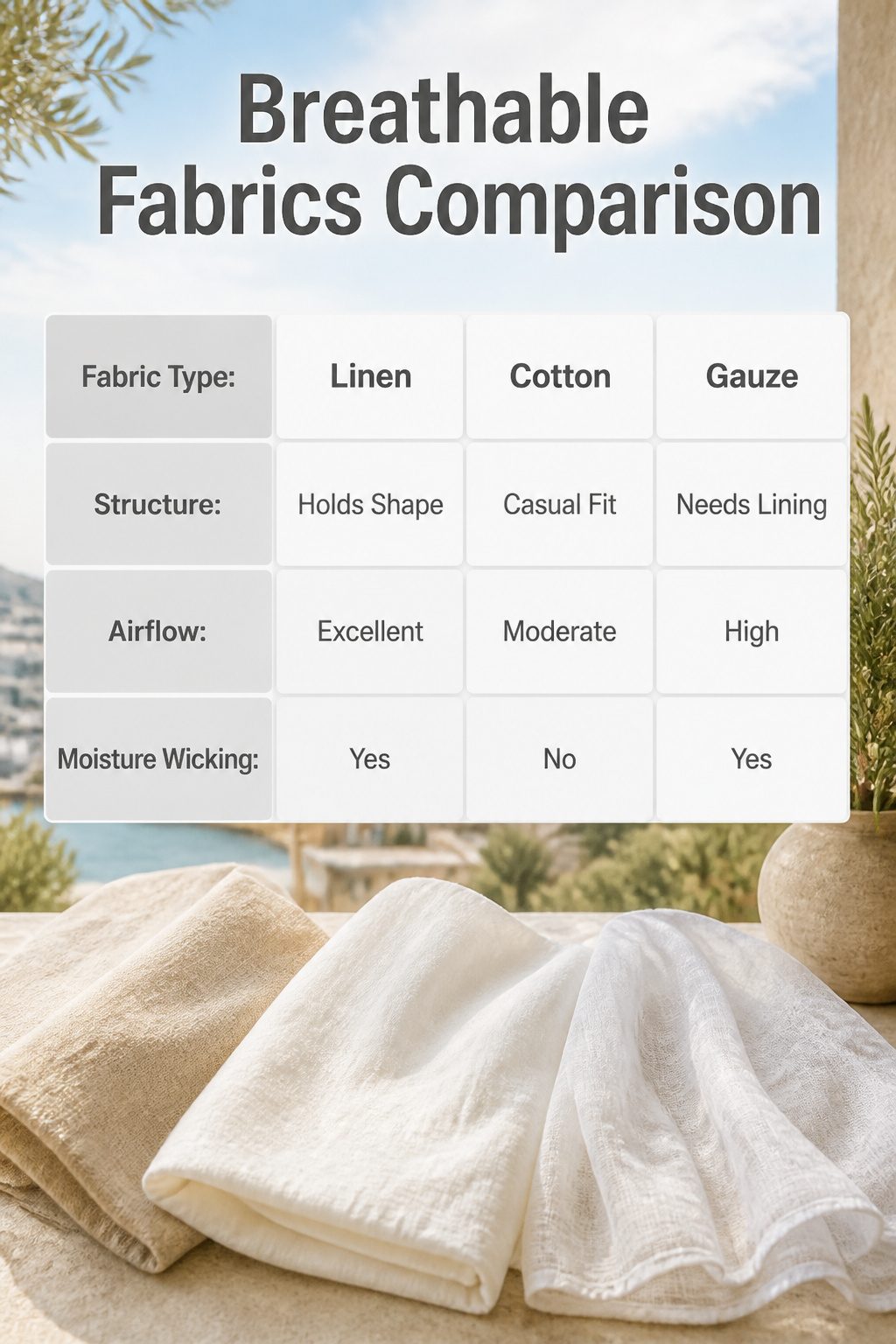 An image comparing various breathable fabrics for summer clothing.
