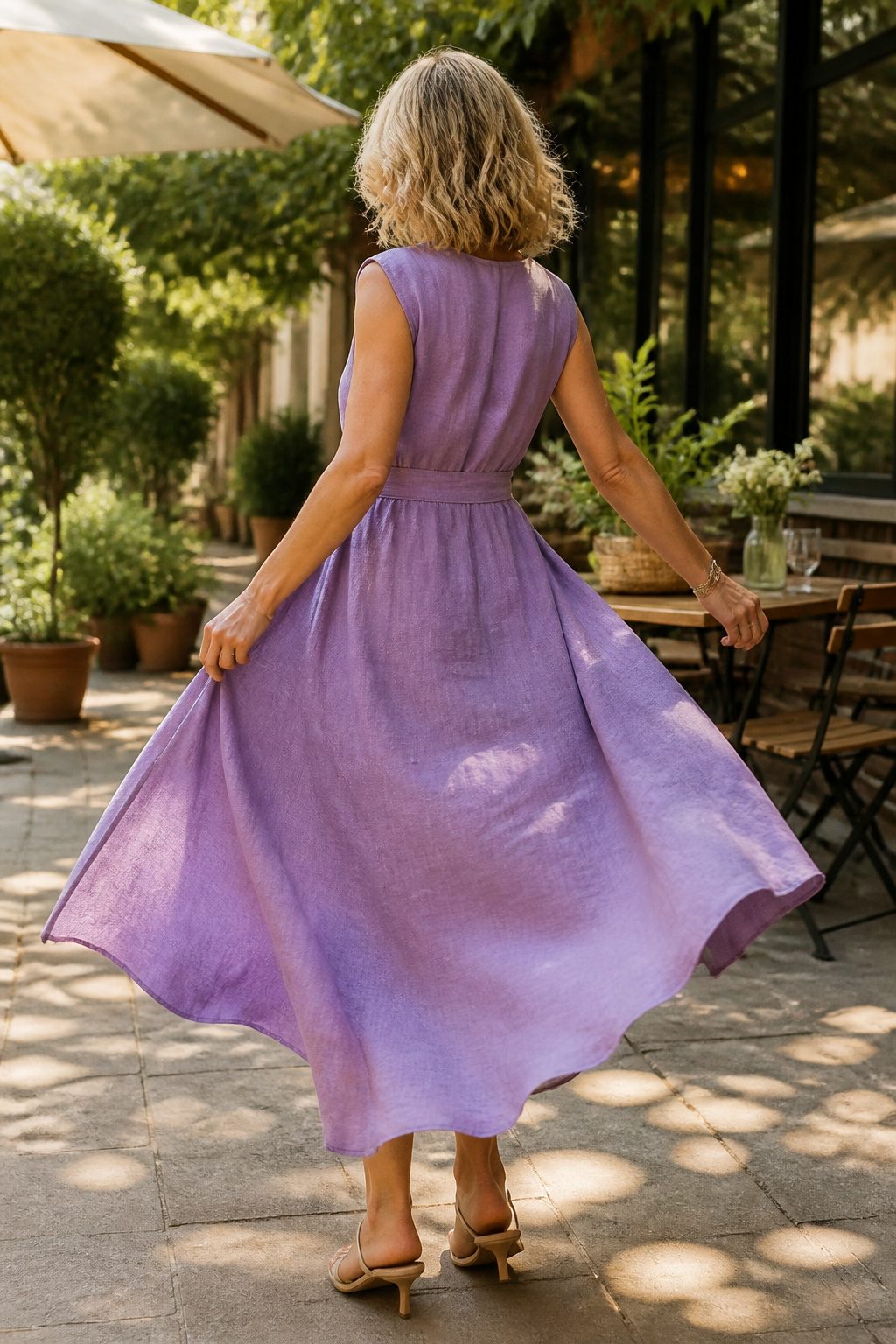 A woman in a dress with a defined waist stands in a sunny location.