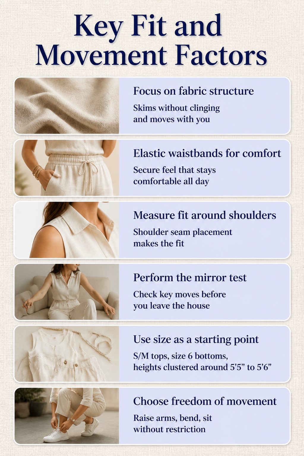 An image highlighting important fit and movement factors in clothing.