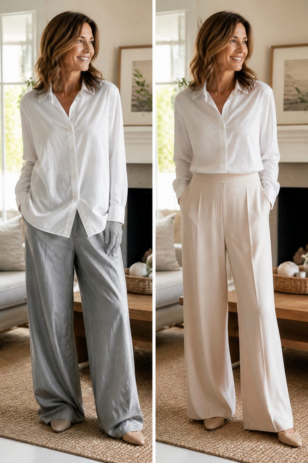 A woman wears a blouse with flowy pants in an outdoor setting.