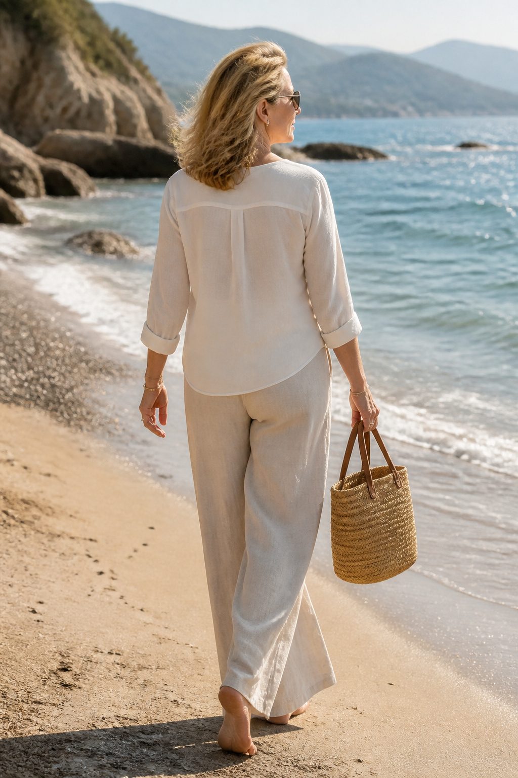 A woman in flowy pants and a gauzy top by the seaside.