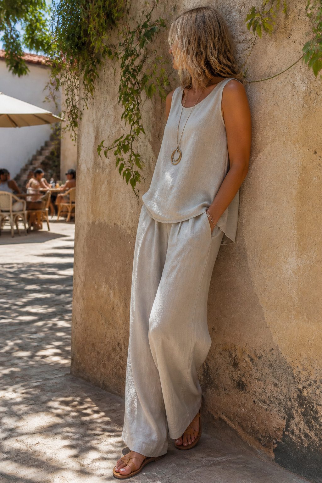 A woman leans against a wall wearing a linen tank and wide-leg pants.