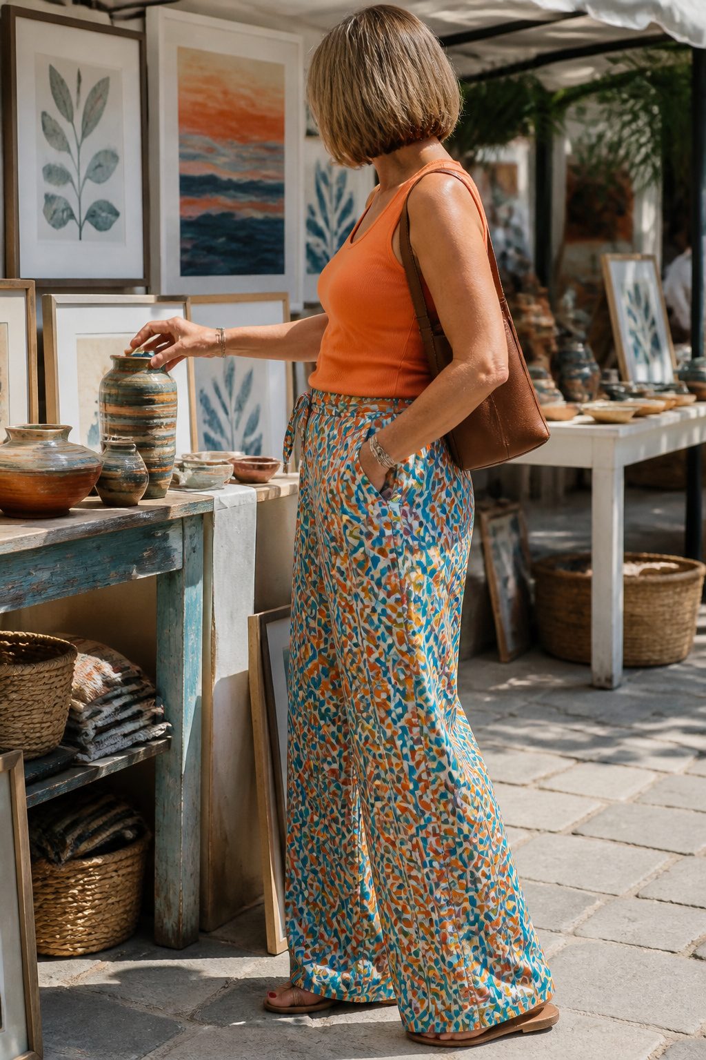 A woman in printed pants and a solid tank top at an outdoor market.