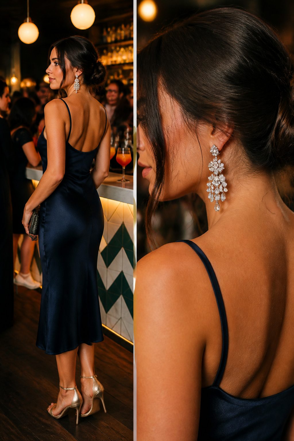 A pair of chandelier earrings displayed alongside stylish heels.