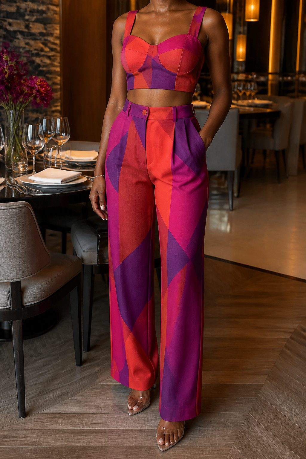 A matching set with a crop top and trousers on a model in a restaurant.