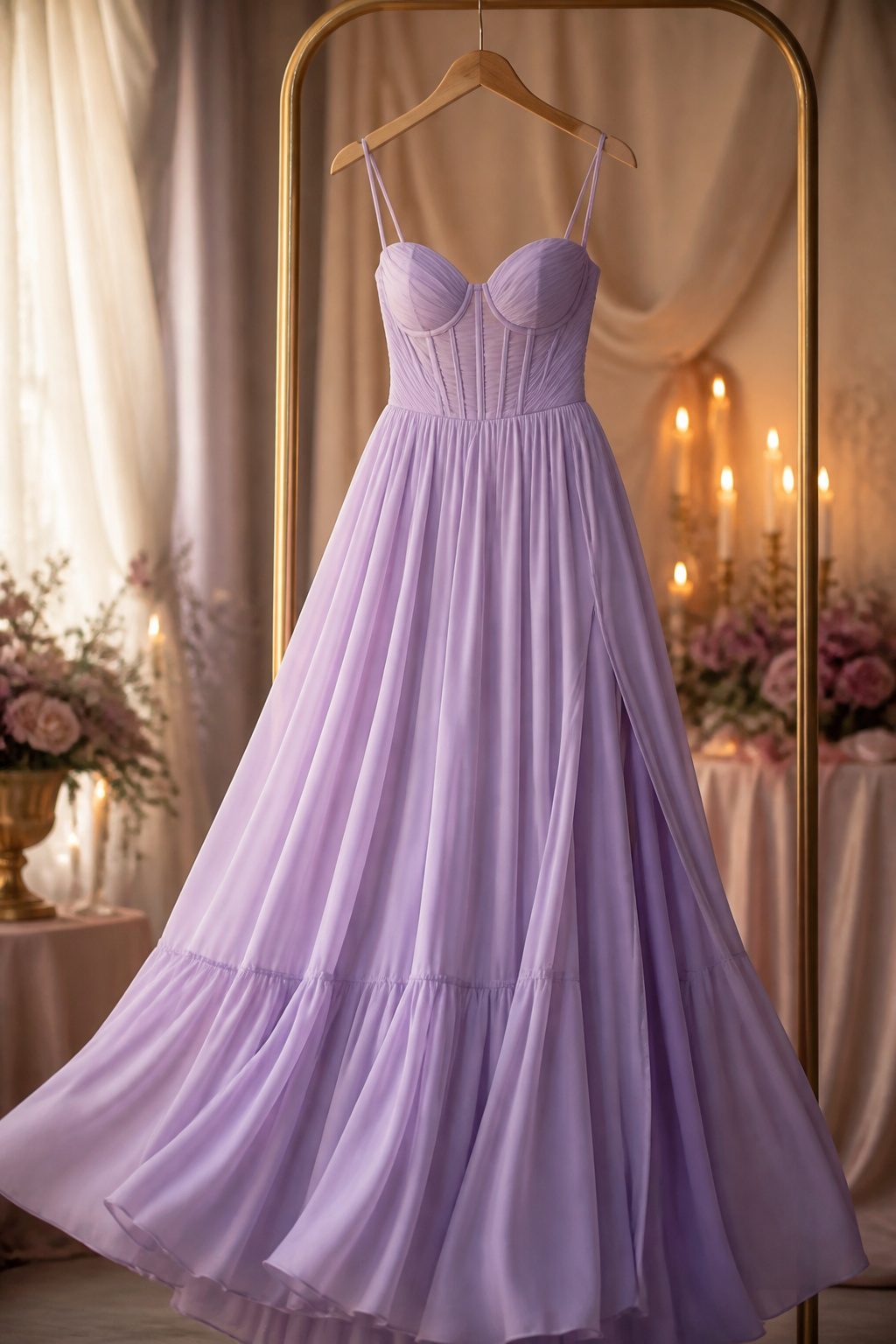 A model in a maxi dress, emphasizing its elegant and voluminous design.