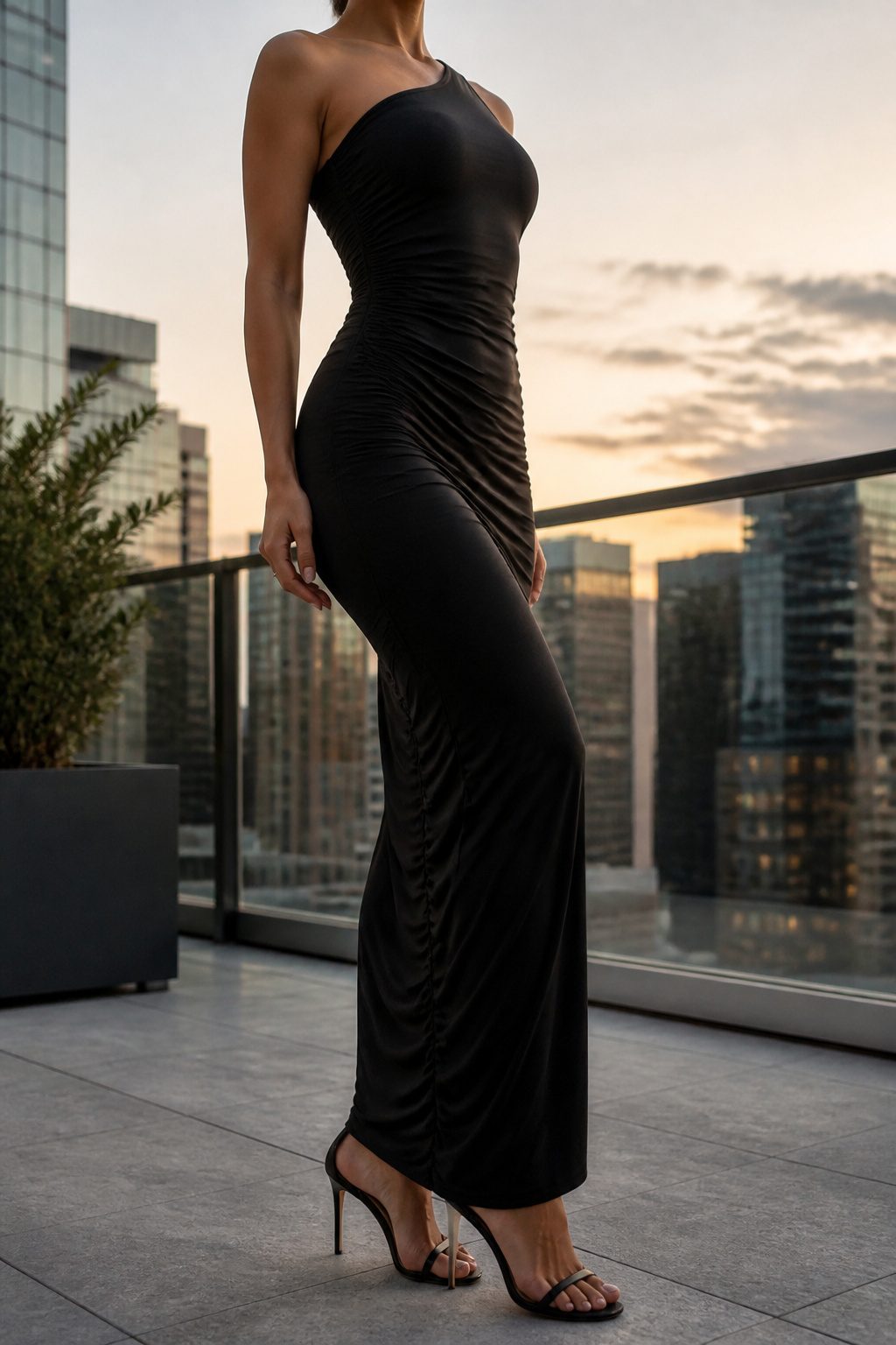One-shoulder asymmetric ruched maxi dress displayed on a mannequin.