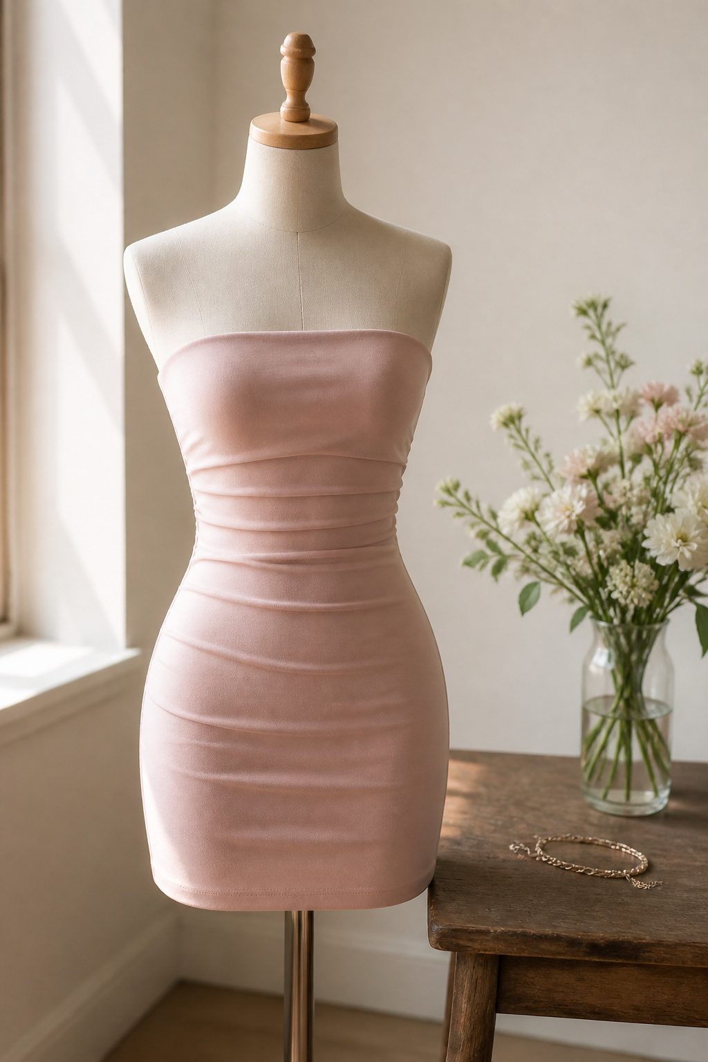 Light pink bandeau mini bodycon dress displayed flat.