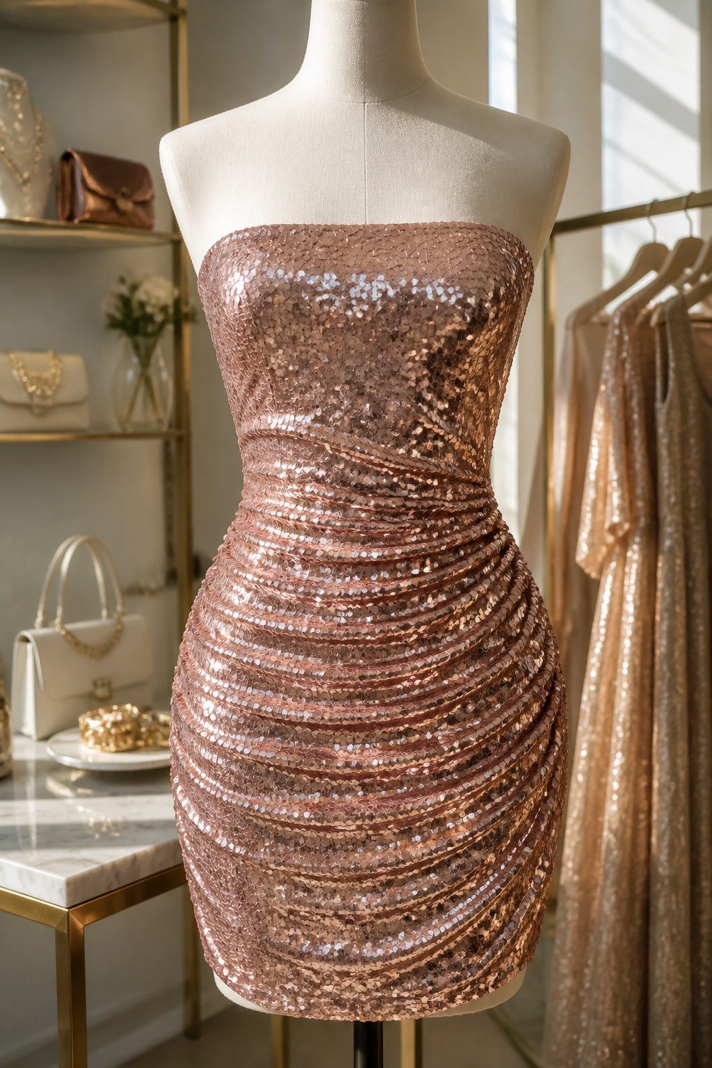 Model showcasing a bandeau sequin panel ruched mini dress.