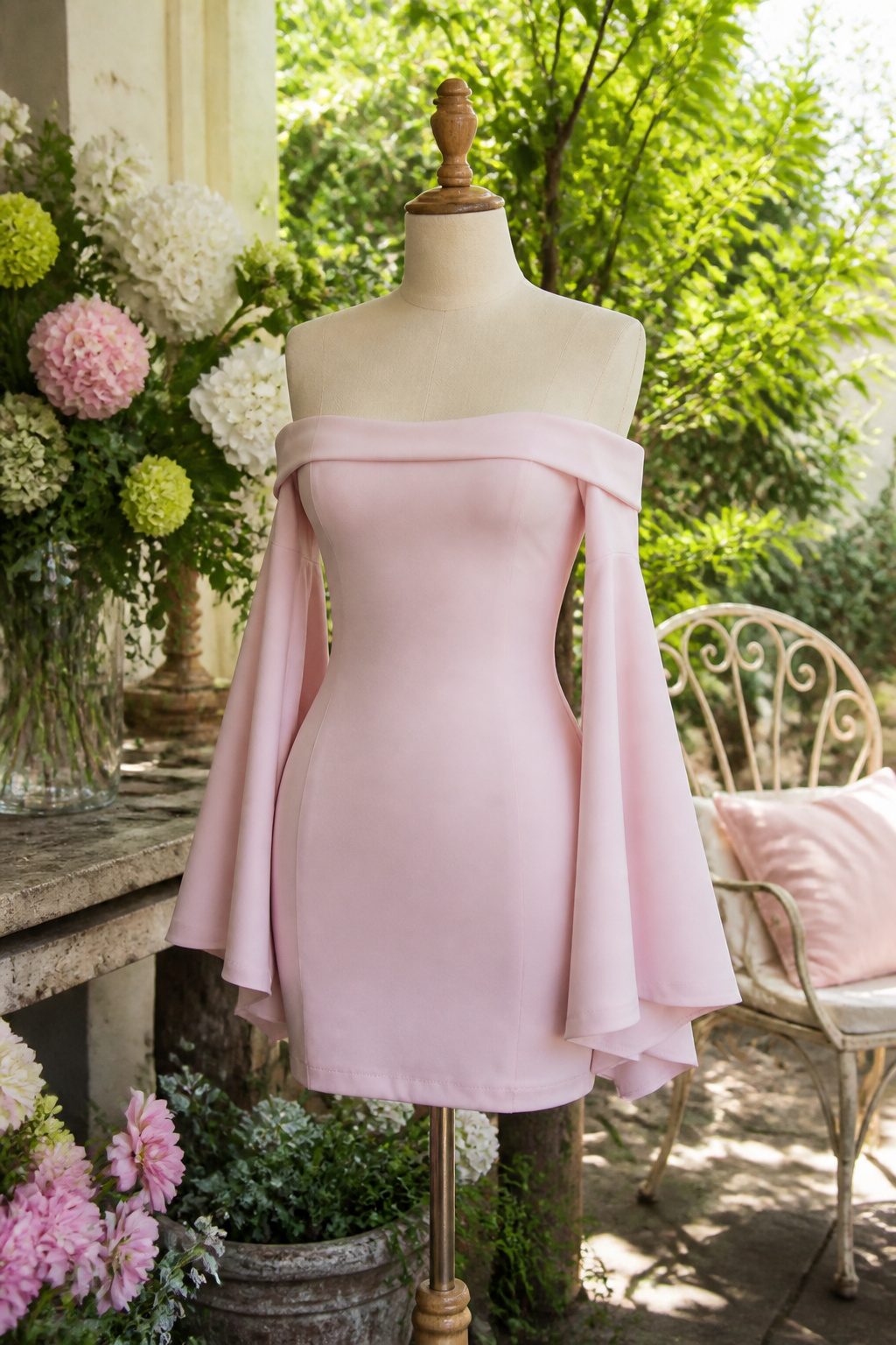 Bardot long flared sleeve mini dress displayed in a garden setting.