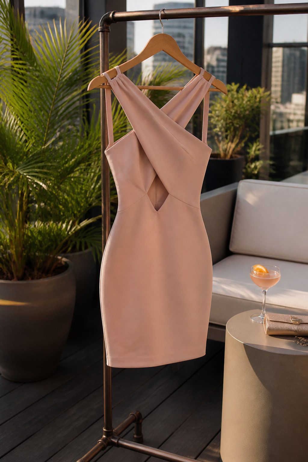 Cross front backless mini bodycon dress on a hanger in an urban setting.