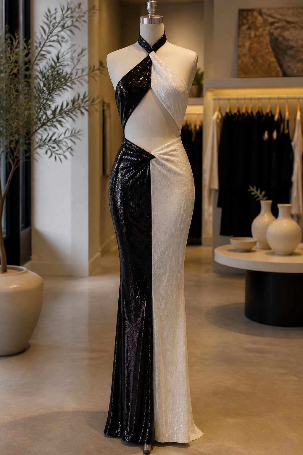 Halterneck maxi dress with sequin panels and cutouts.
