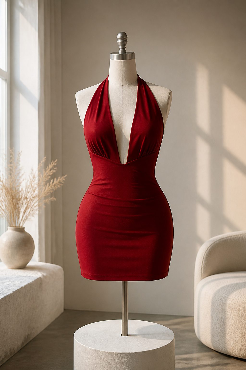 Halterneck plunge front mini dress displayed on a dress form.