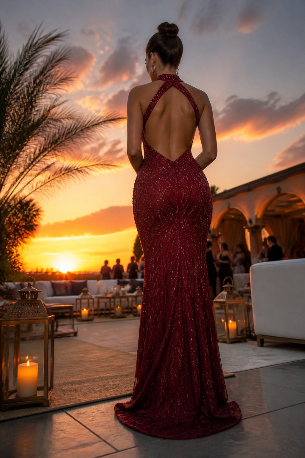 Floor-length bodycon dress with a high neck and beaded detail.