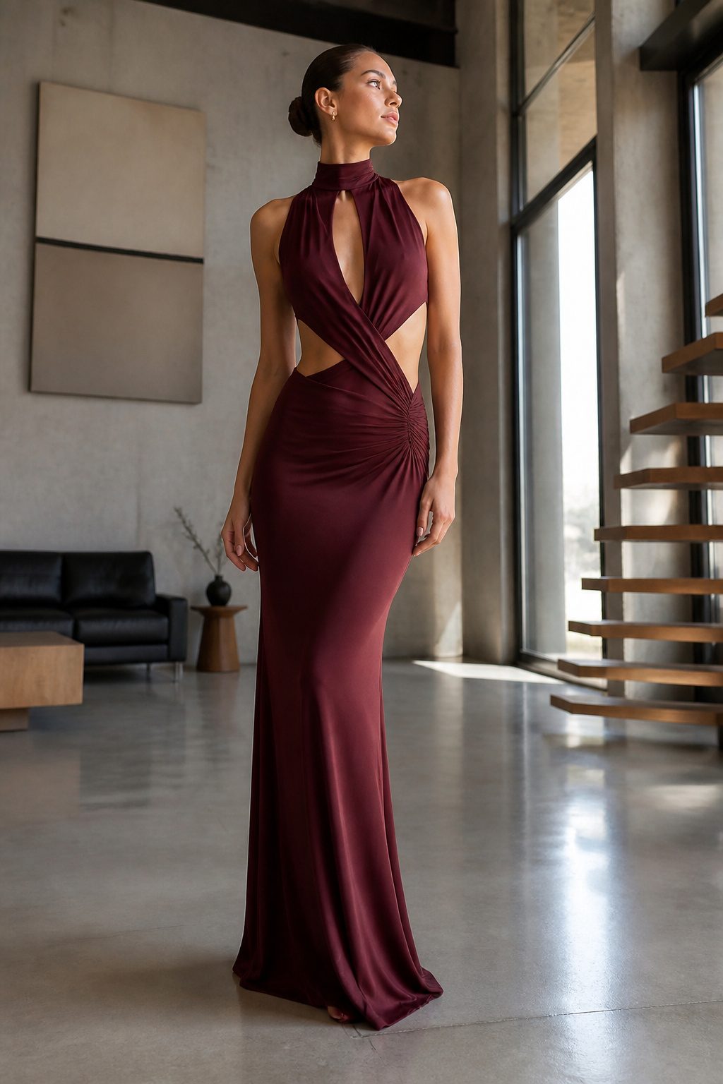 High neck cut out drape front maxi dress displayed on a dress form.
