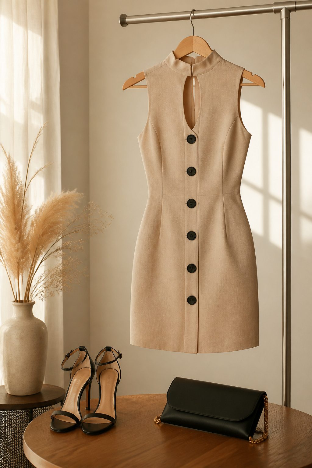 High neck keyhole button mini dress hanging against a neutral backdrop.