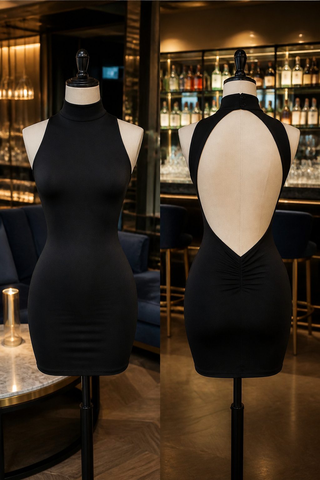 High neck mini dress with an open back displayed on a dress form.
