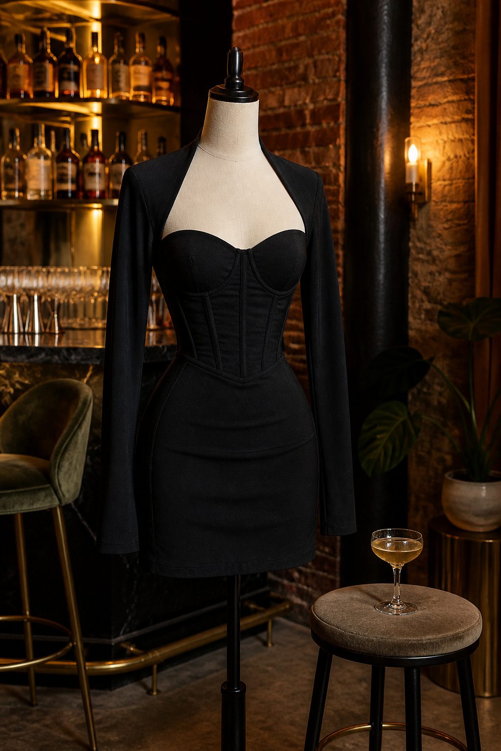 Model wearing a long bolero sleeve corseted mini dress.