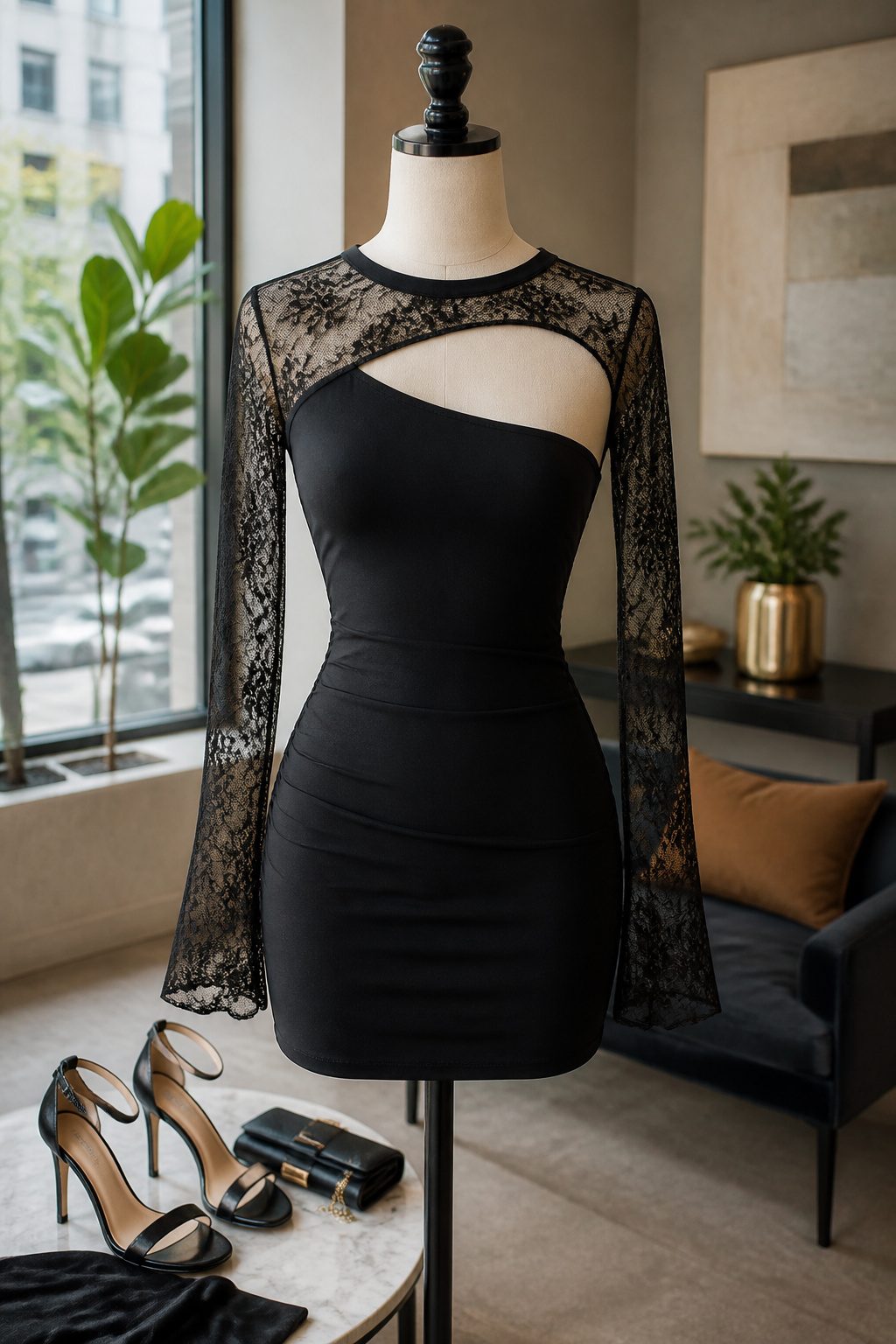 Close-up of a long contrast lace sleeve cut out mini dress.