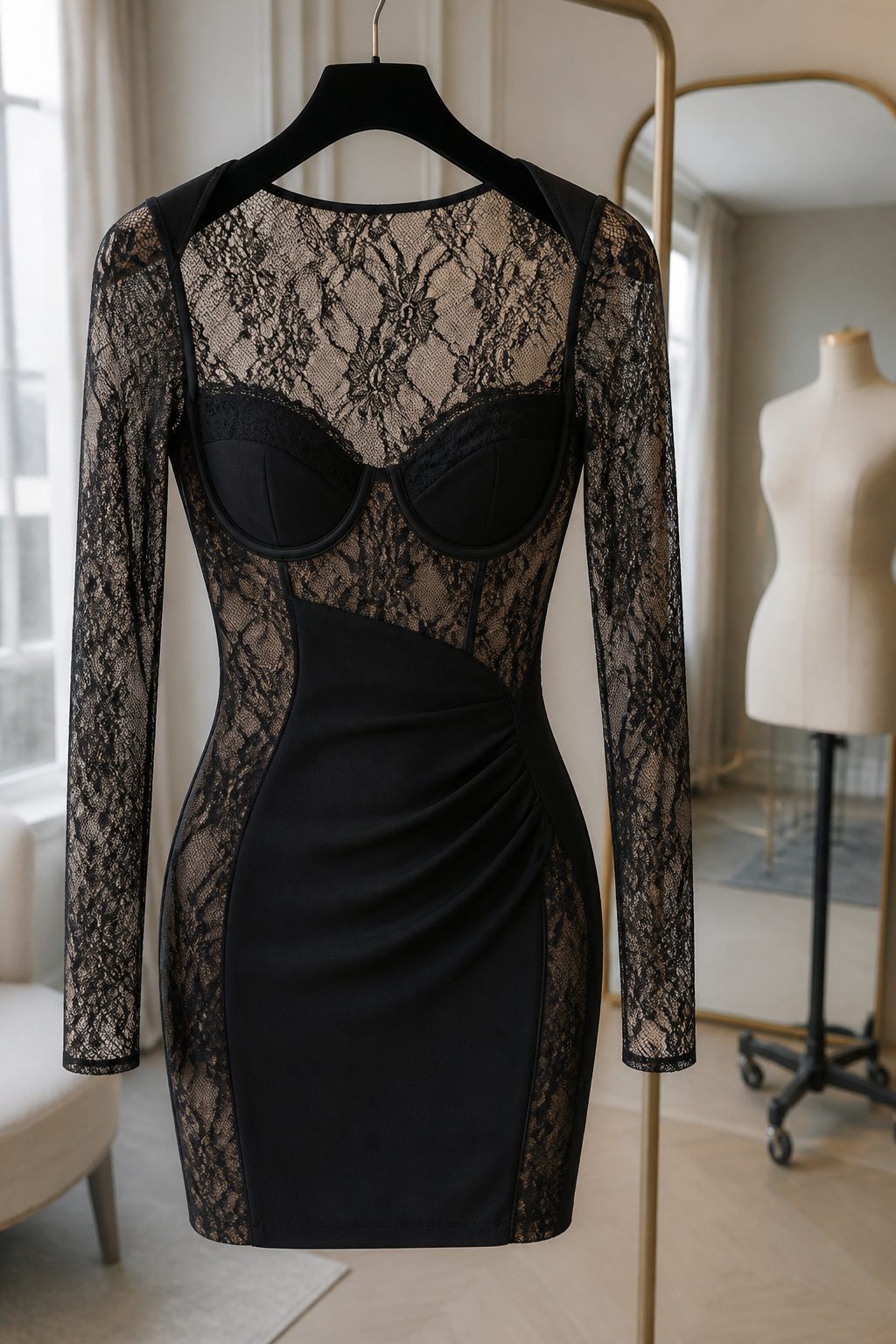 Close-up of a long sleeve contrast lace underwired mini dress.