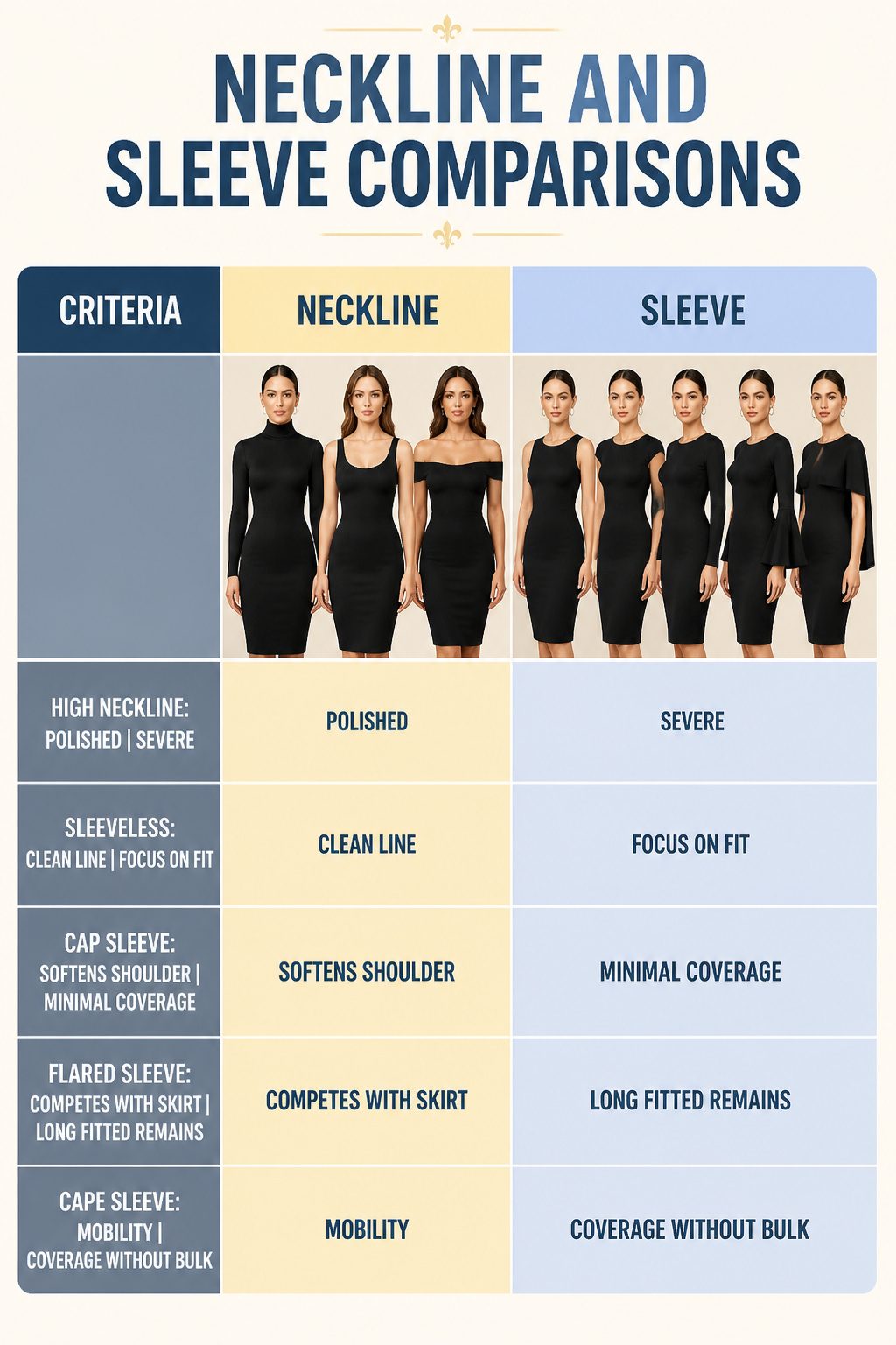 Comparison of different necklines and sleeves on bodycon dresses.