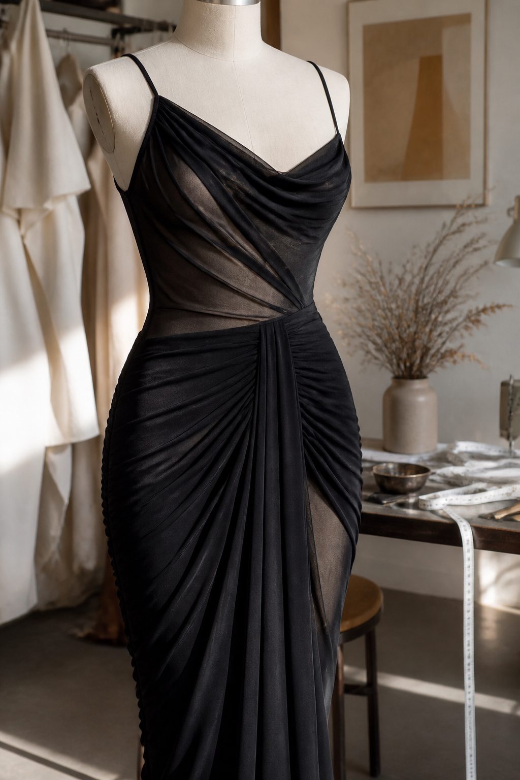 Strappy sheer panel draped front ruched maxi dress displayed on a dress form.