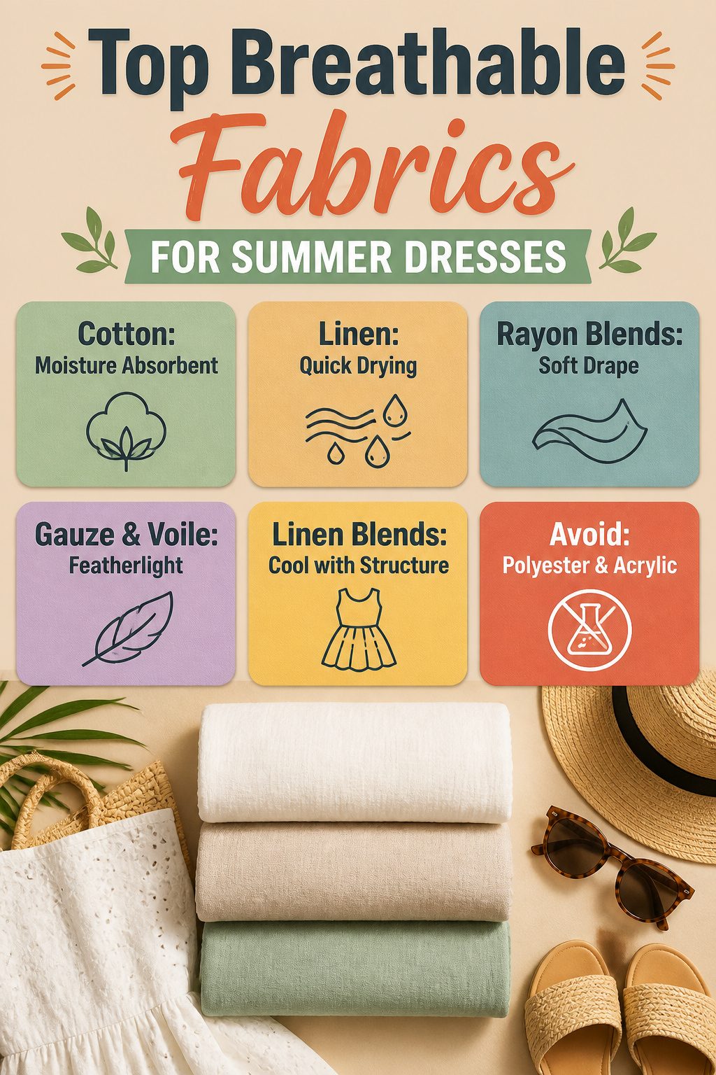 Text graphic listing breathable fabrics for summer dresses.