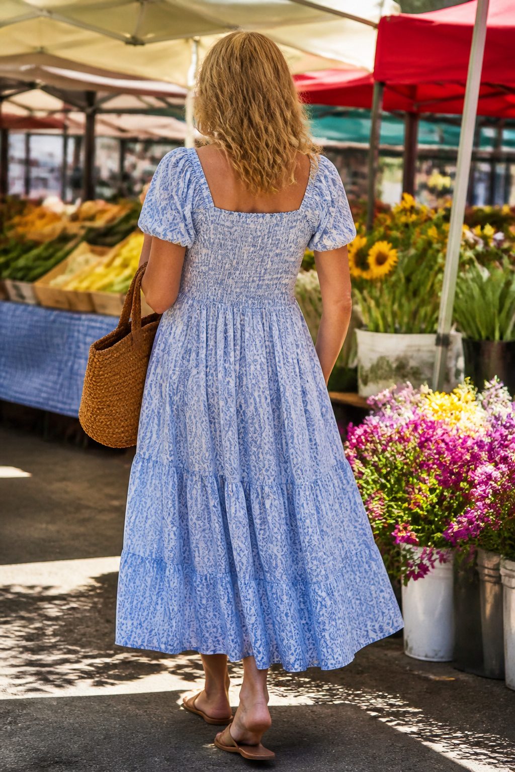 Woman in a casual nap dress stands among market stalls.