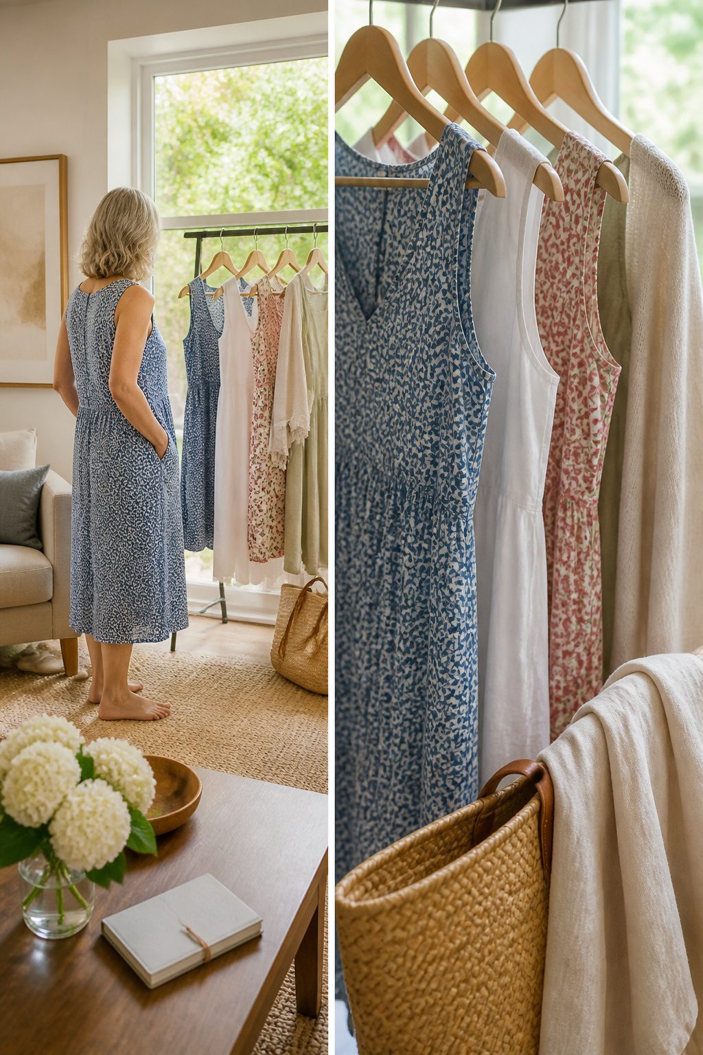 Woman showcases dresses with various sleeve styles in a bright setting.
