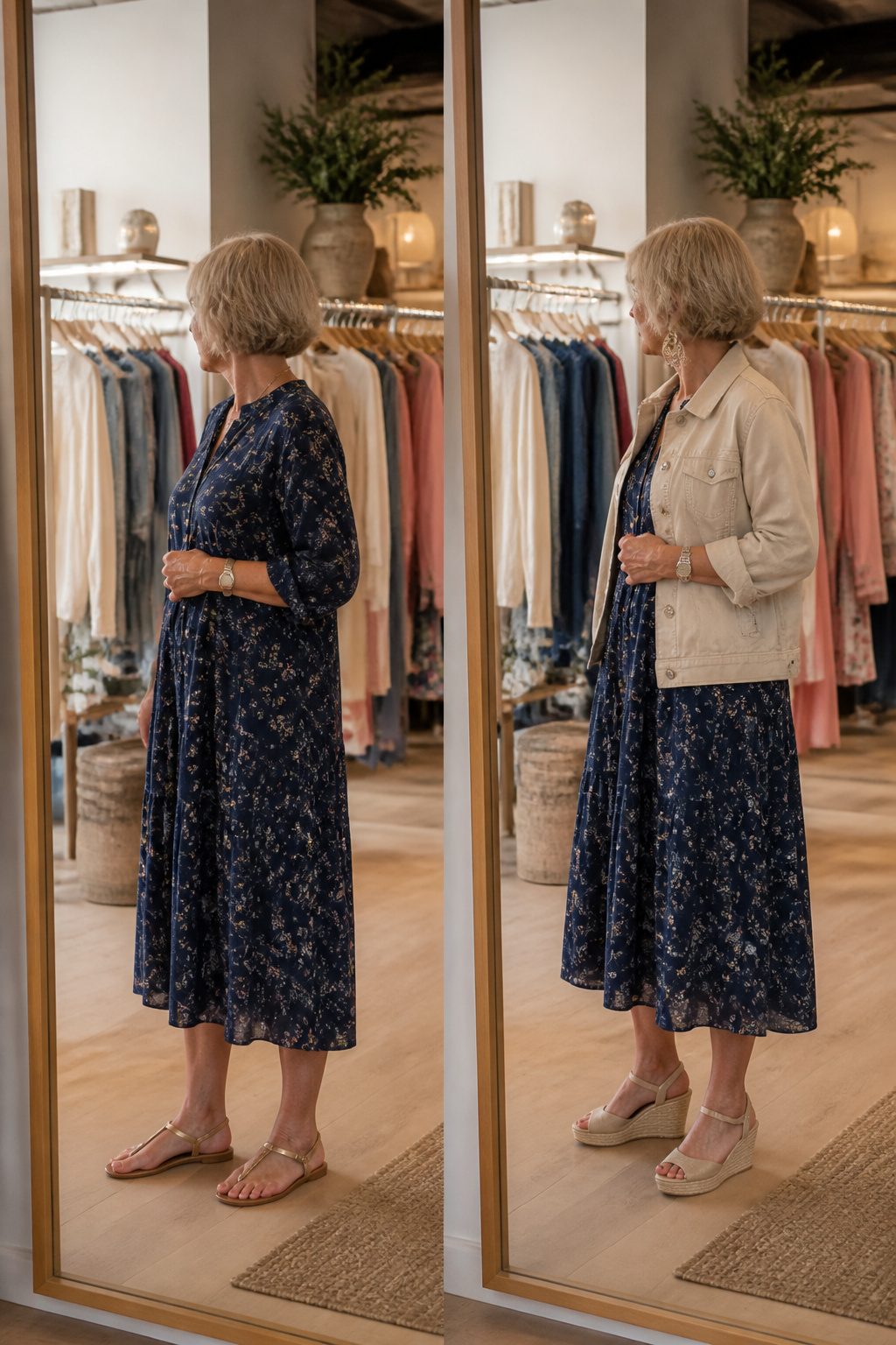 Woman demonstrates a dress styled for both casual and dressy occasions.