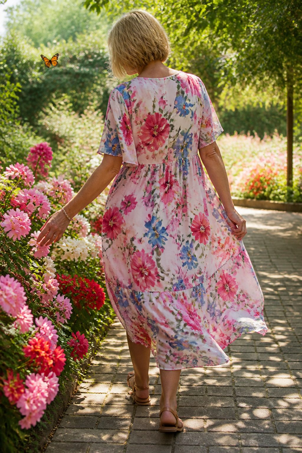 Woman in a floral dress stands in a garden with colorful flowers.
