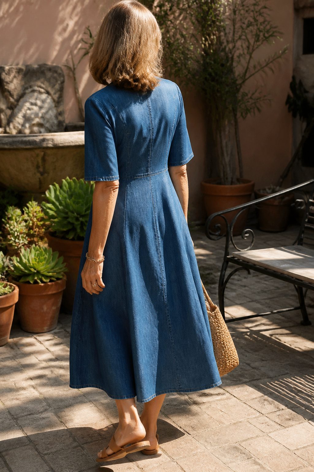 Woman in an A-line dress poses in a stylish courtyard.