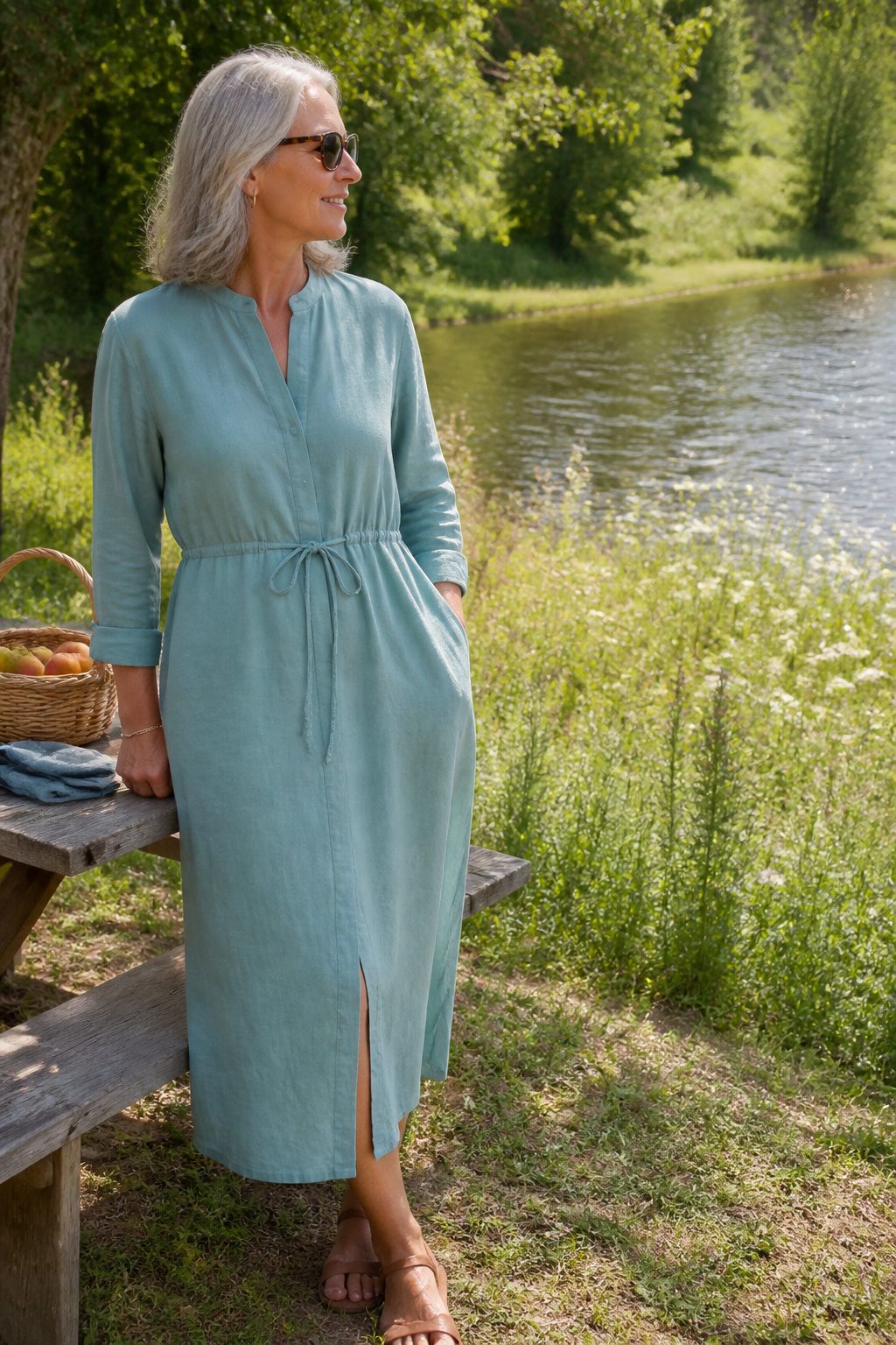 Woman in a long sleeve shirtdress stands in a natural park setting.