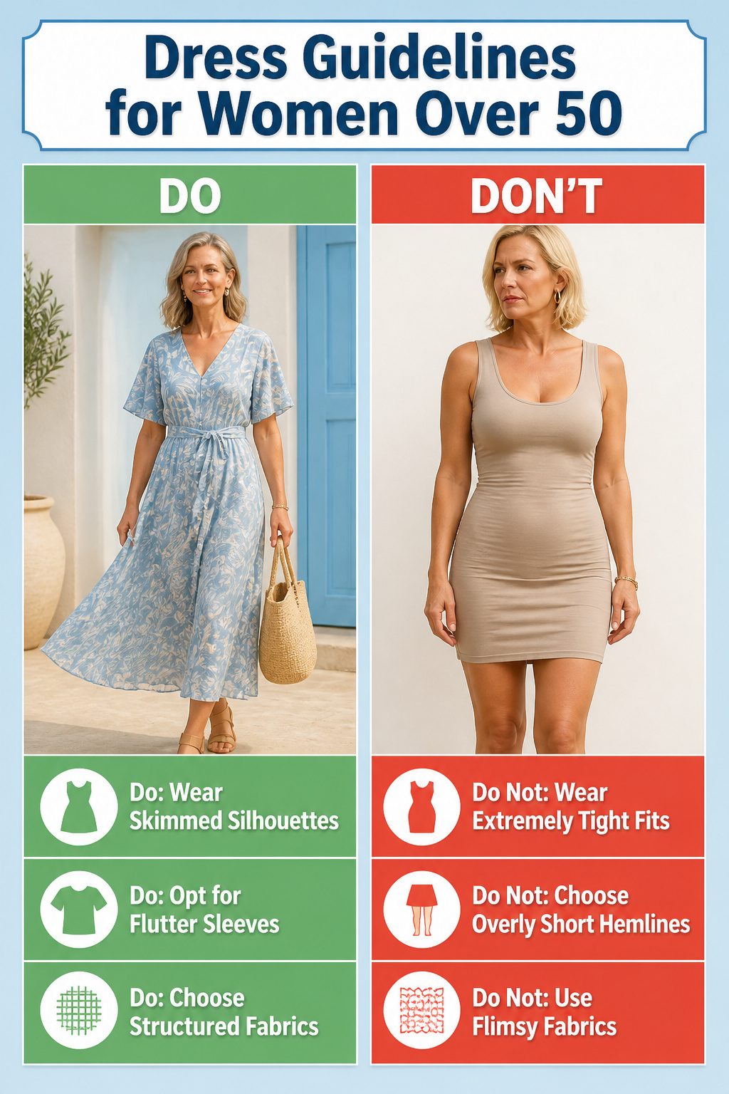 Text graphic outlining dress guidelines for women over 50.