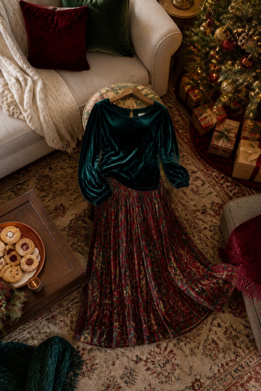 A velvet top in jewel tone with a simple swing skirt for Christmas.
