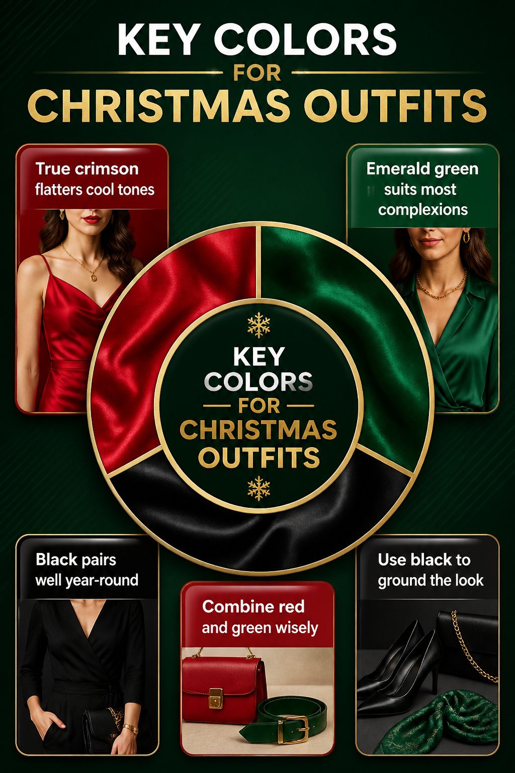 An infographic displaying key colors for Christmas outfits in fashion.