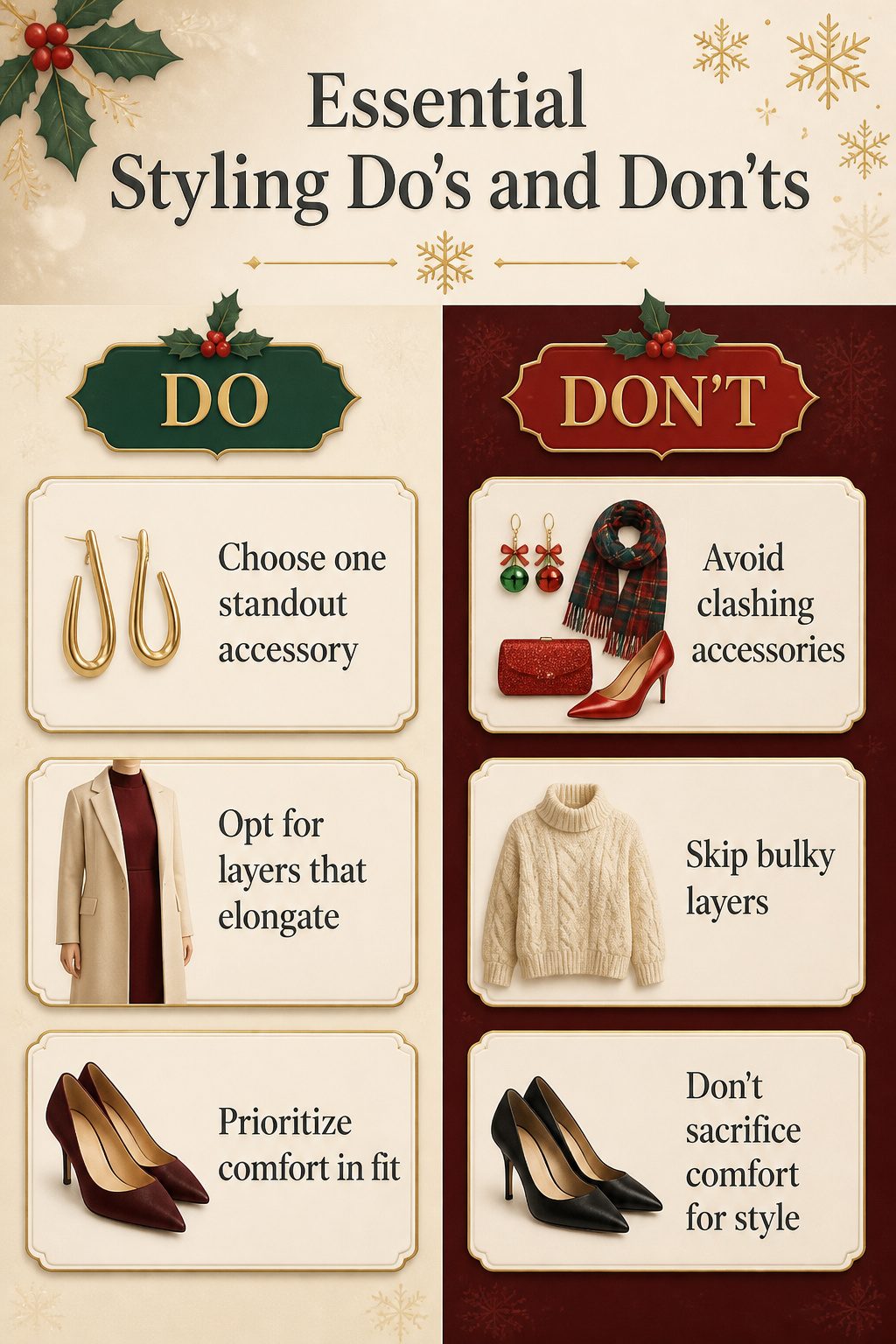 An infographic titled 'Essential Styling Do's and Don'ts' for Christmas outfits.