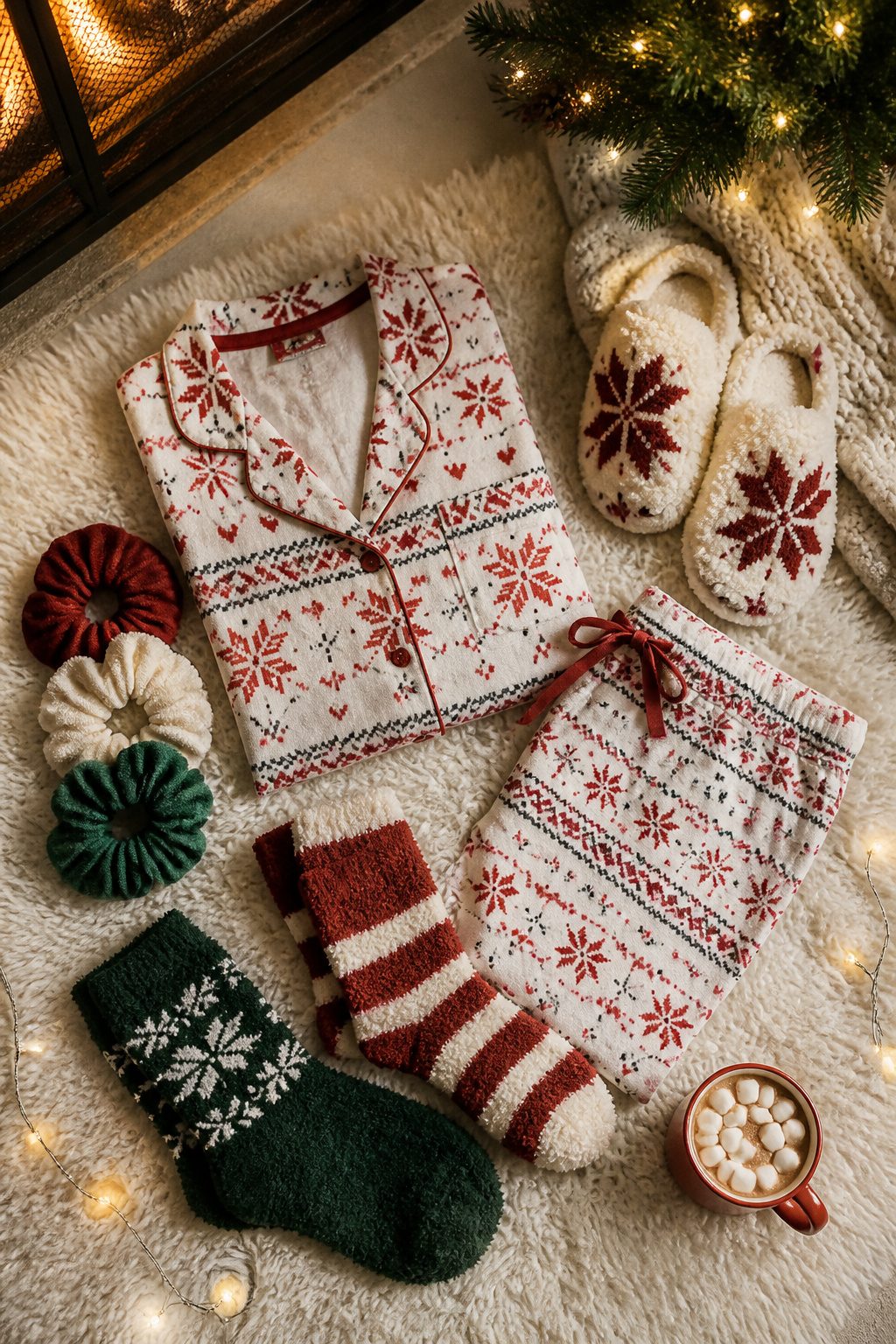 Fluffy slippers and accessories matching holiday pajamas arranged together.