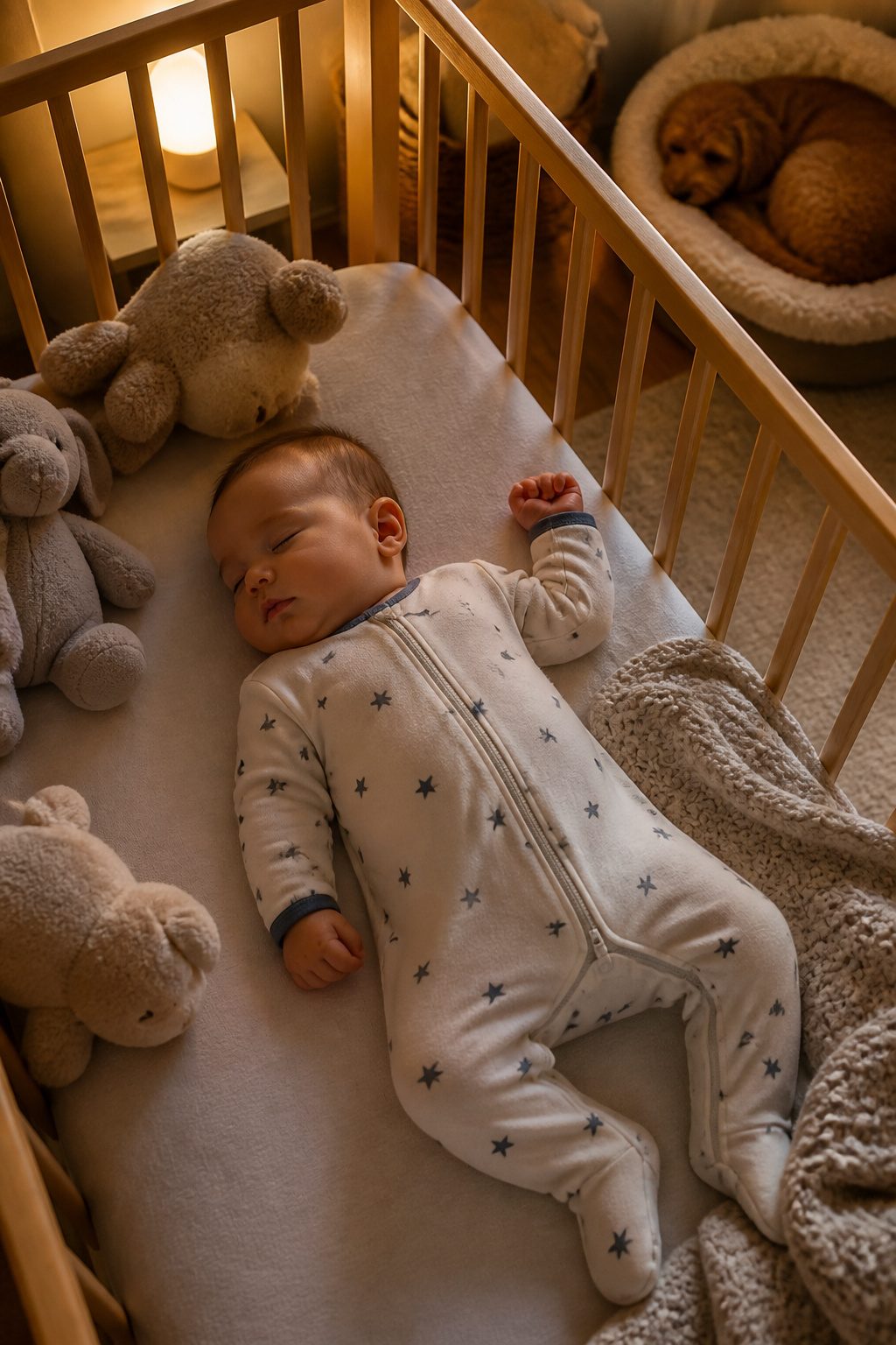 Infant wearing a two-way zip sleeper made of organic cotton.