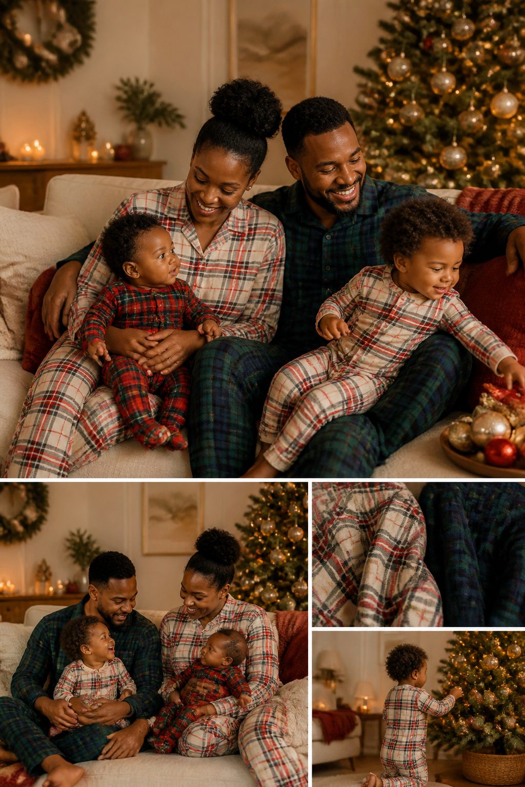 Family wearing matching holiday pajamas, including baby onesies and adult sets.