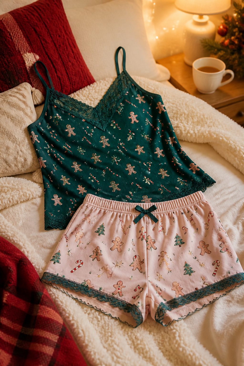 Lace-lined camis and boy shorts in a festive print displayed attractively.