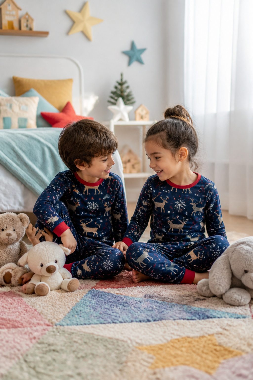 Kids wearing holiday pajamas with prints of flying deer and snowflakes.