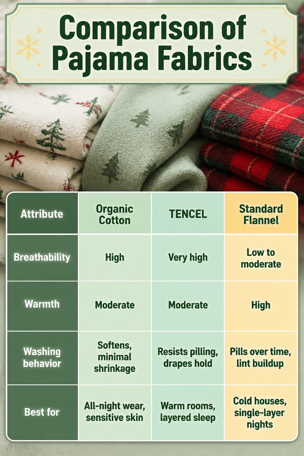 Chart comparing organic cotton, TENCEL, and standard flannel pajama fabrics.