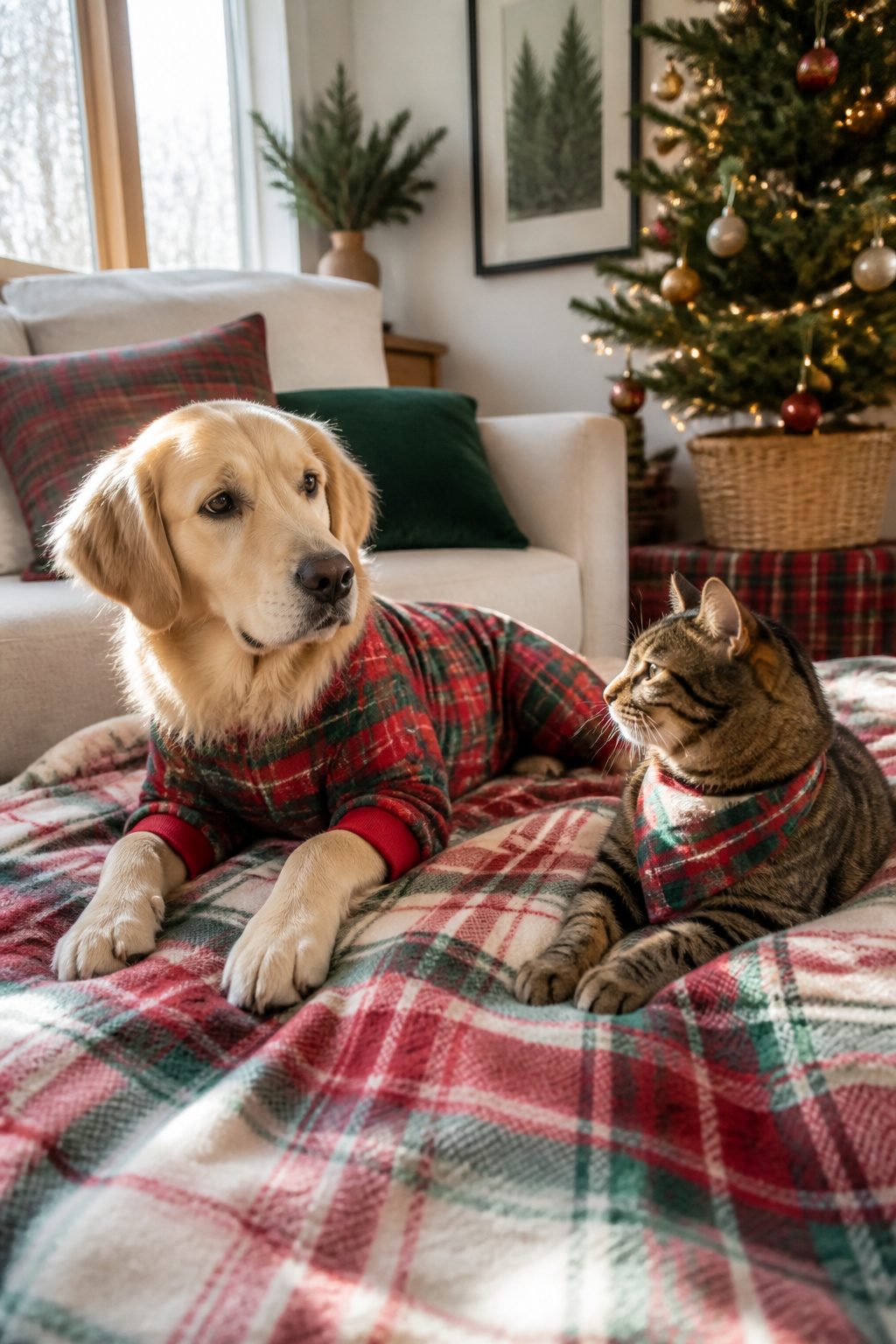 Dog wearing holiday plaid pajamas, resting on a large blanket.