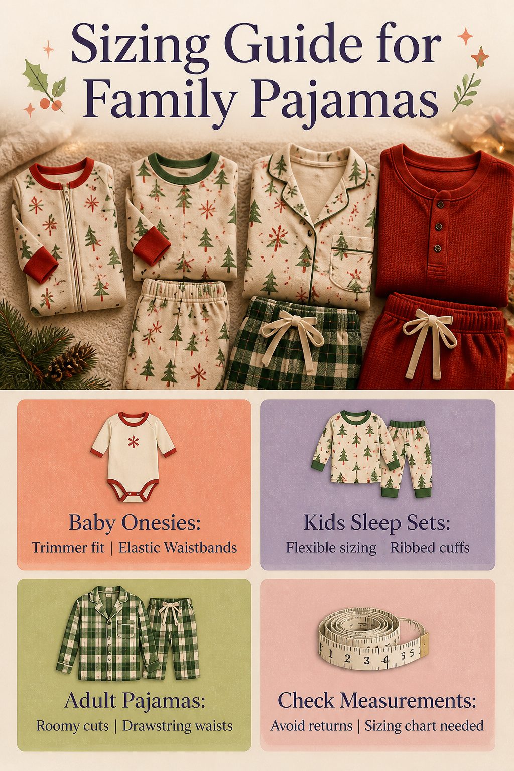 Sizing guide showing different pajama fits from baby to adult sizes.